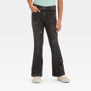 Cat And Jack Girls Black‎ Flare Jeans Embroidered Flowers NWT Size 5